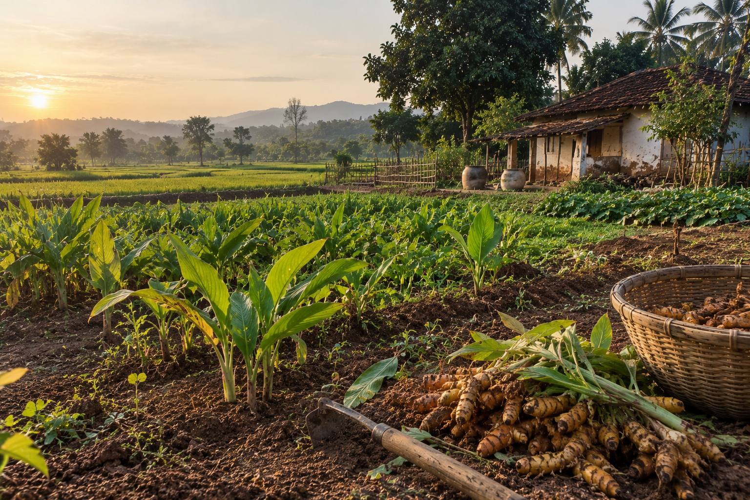 Freshly harvested turmeric rhizomes beside growing plants at a farm at sunrise