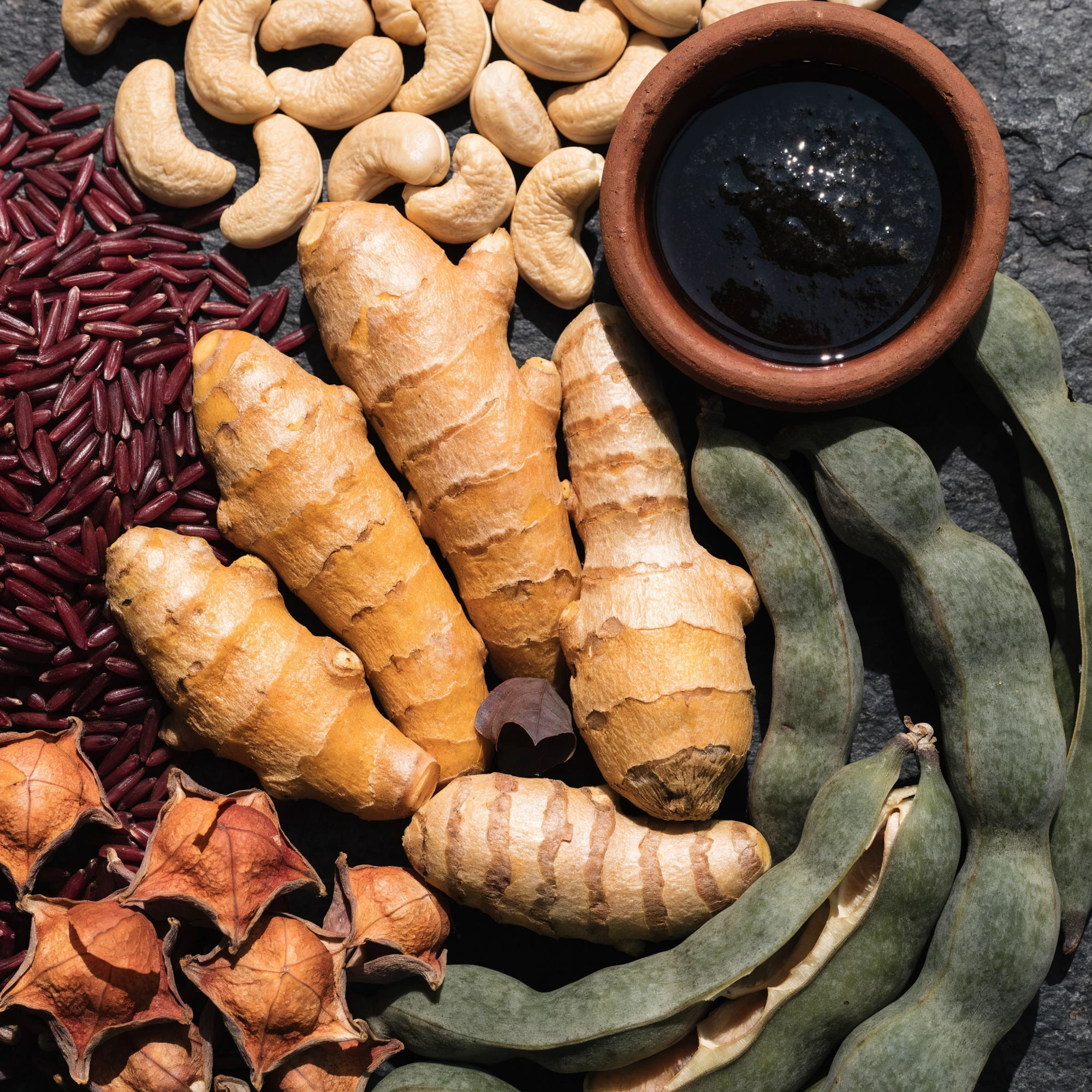 Raw single-origin produce — turmeric, cashews, honey and red rice