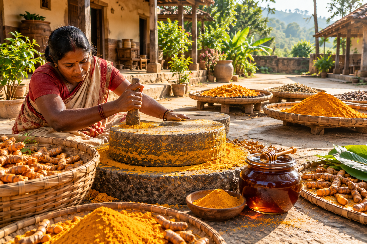 Natural sun-drying and stone-grinding of produce at source