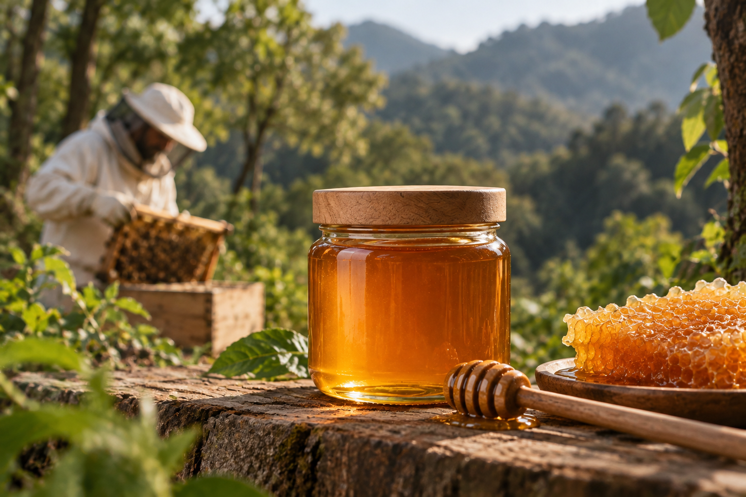 Wild Forest Honey in a glass jar with golden liquid