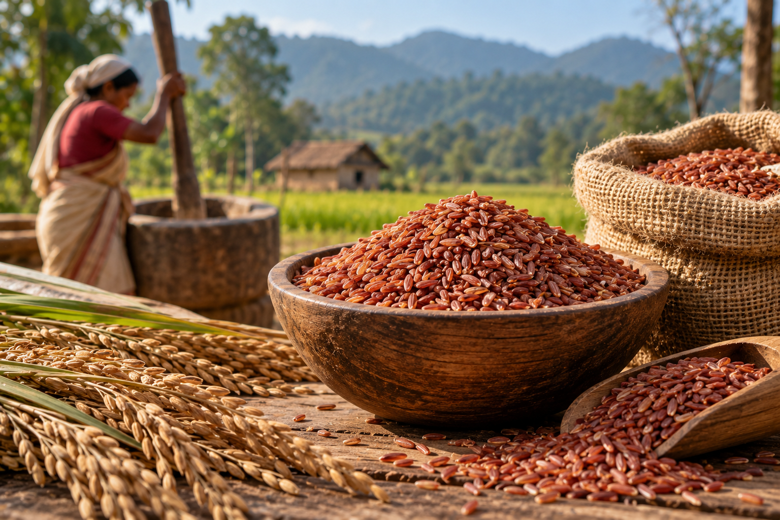 Traditional Red Rice grains close up